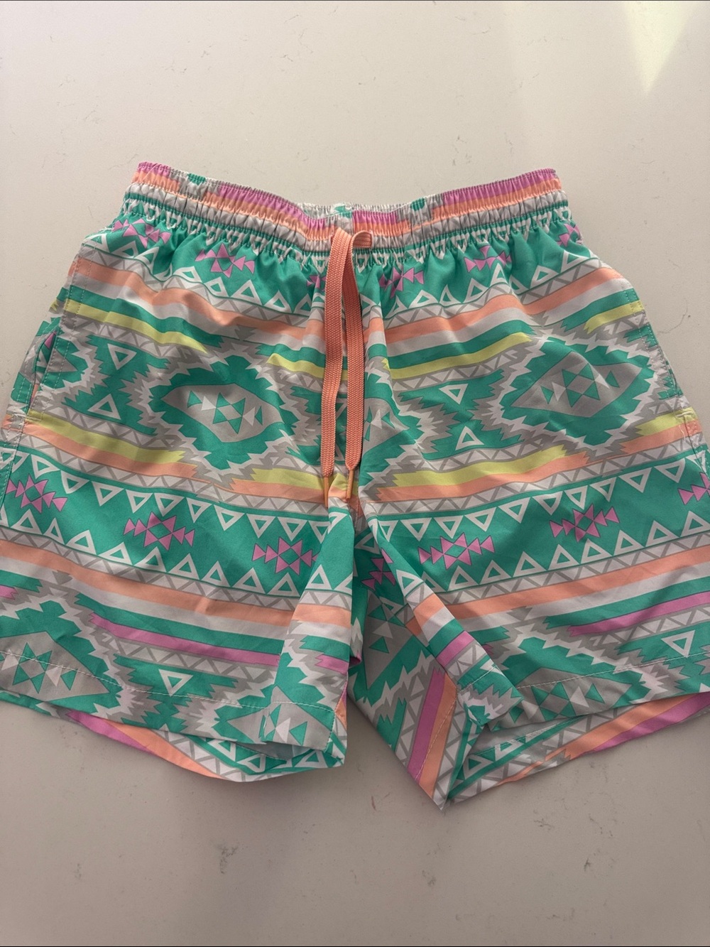 Men's Aztec Print Swim Shorts - Mint & Coral. Size XS- 5.5” ins. Underwear lined